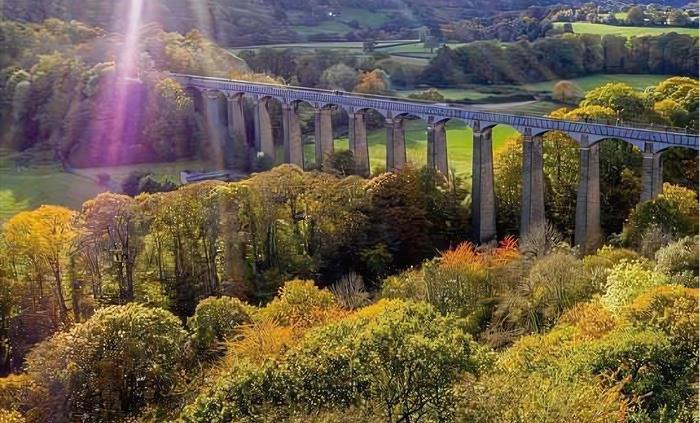 An aerial view of the iconic Pontcysyllte Aqueduct surrounded by Trees and Welsh countryside highlighted beautifully by the sun.